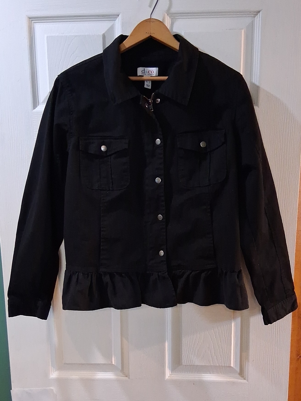 d.co Black Ruffle-Hem Denim Jacket Zipper And Snaps